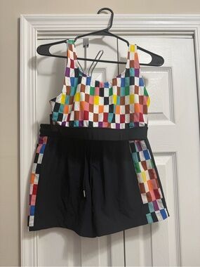 HumanKind Multicolor Checkerboard Swim Top and Matching Swim Trunks